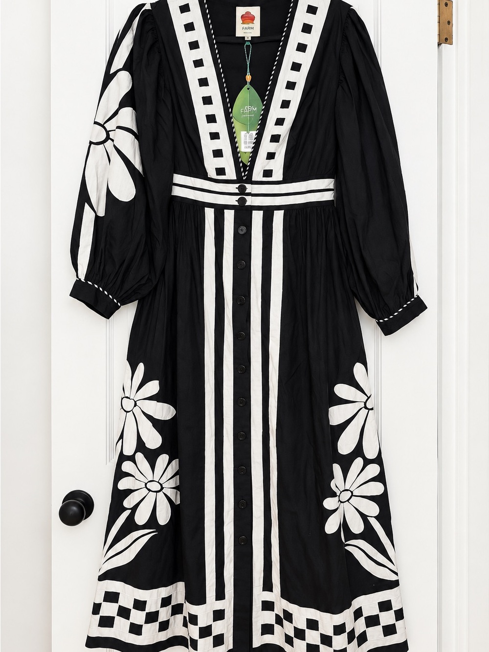 NWT FARM Rio Black and White Floral Appliqué Maxi Dress